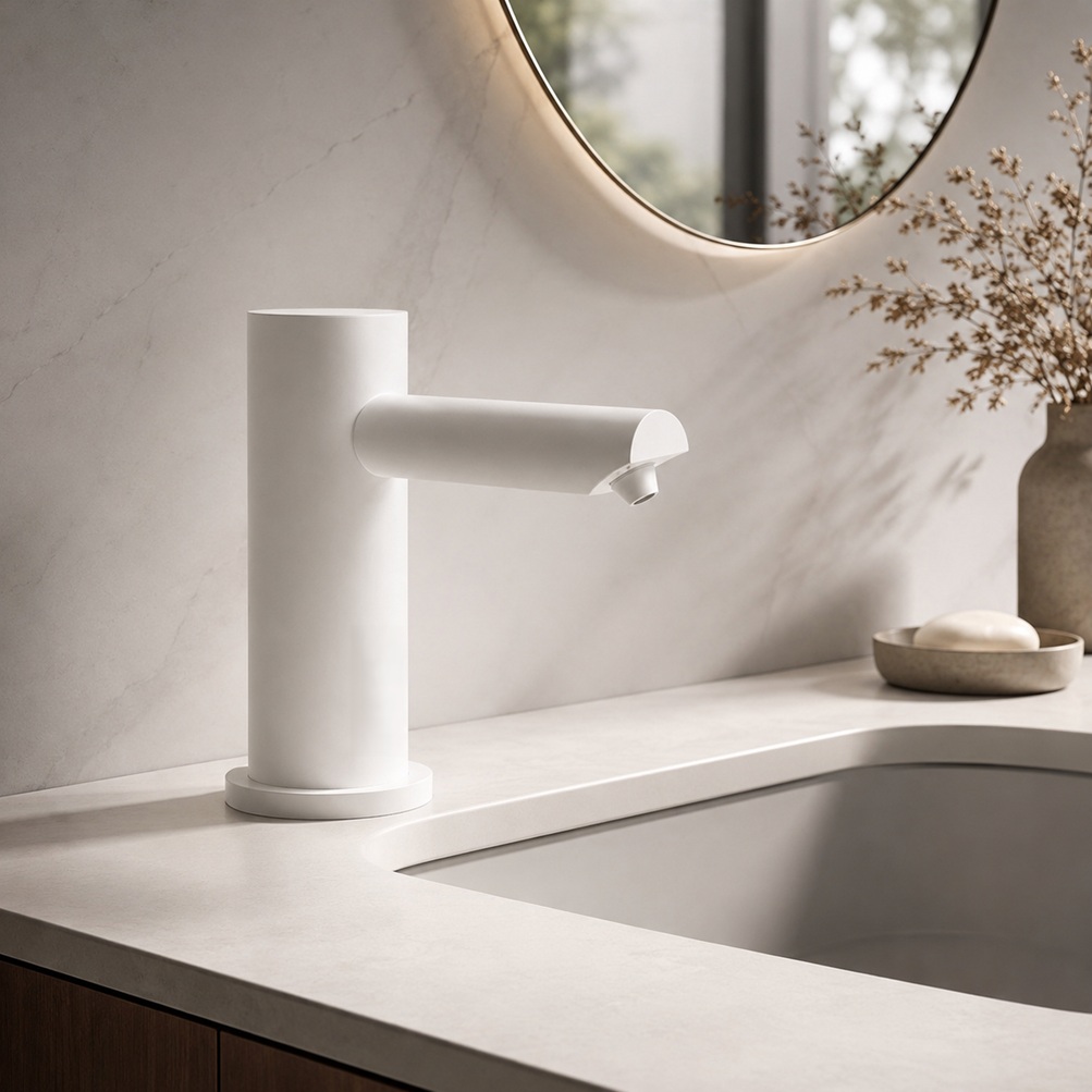 Matte white cylindrical touchless faucet model installed on a light stone bathroom vanity with round mirror, soft natural lighting, and minimalist d�cor